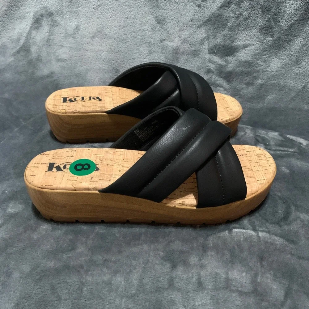 Korks Sandals Women 8 Black Padded Crisscross Platform Wedge KR0011099 Boho Cork